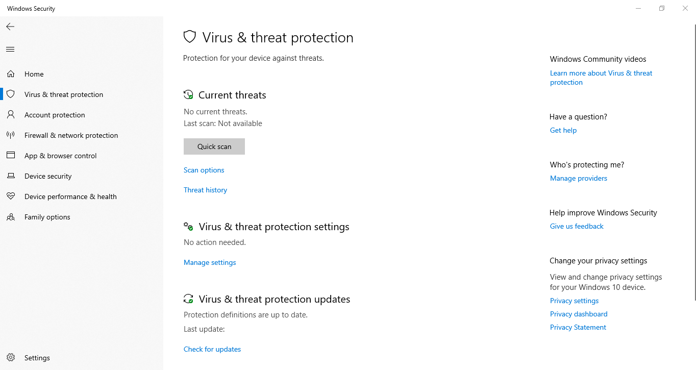 Screenshot of the Virus & threat protection settings in Windows 10 Enterprise LTSC 2019.
