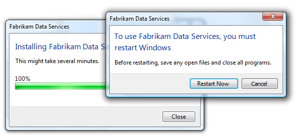 zrzut ekranu okna dialogowego z ponownym uruchomieniem i anulowaniem 