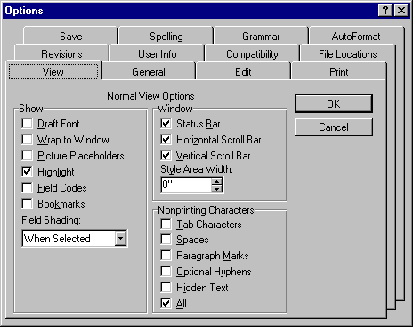 screen shot of options dialog box with view tab selected