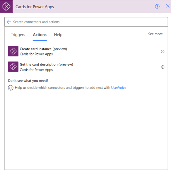 Screenshot of the cards for Power Apps connector.