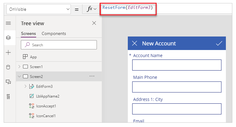 OnVisible property of New Account form OnVisible property of New Account form