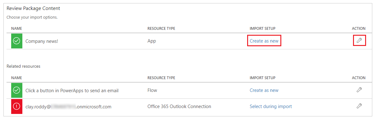 Select import action Select import action.