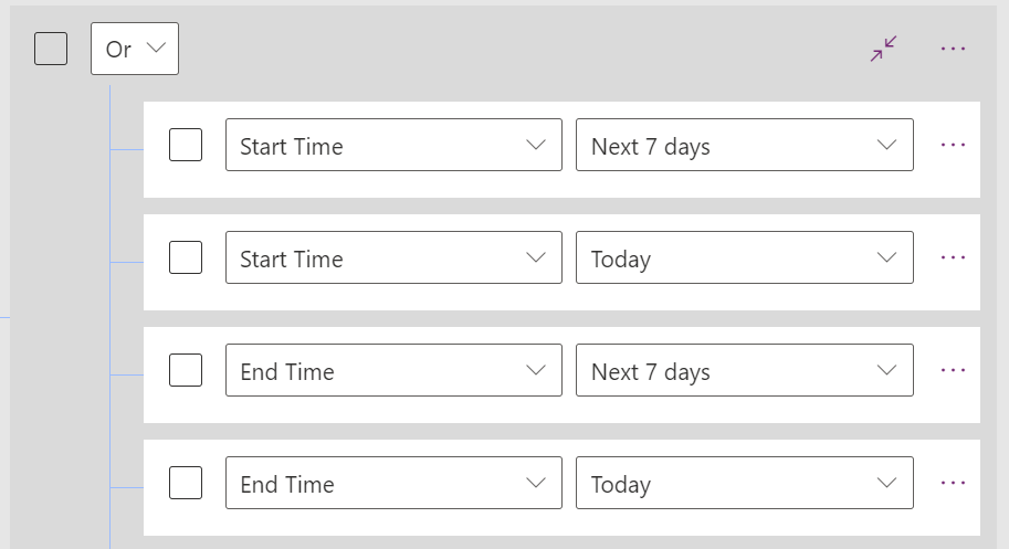 Screenshot that shows multiple filters, based on start and end times, in an OR condition.