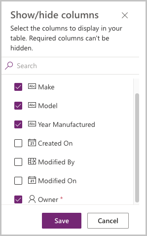 Showing columns Showing columns