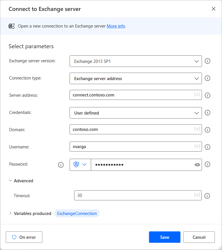 Screenshot of the Connect to Exchange server action.