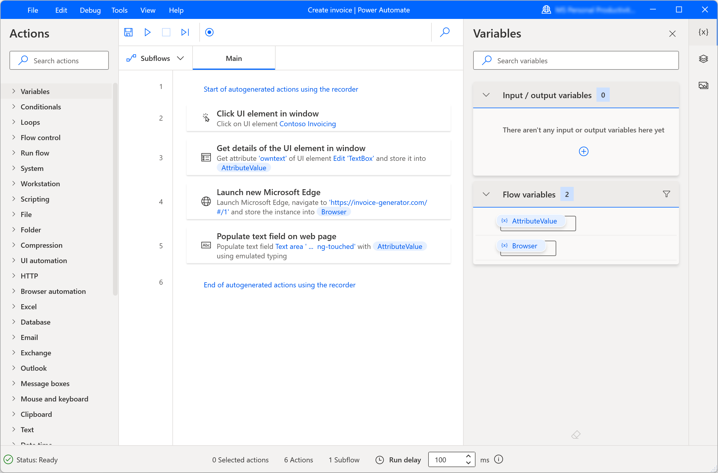 Screenshot of the generated actions of the recorded flow. Screenshot of the generated actions of the recorded flow.