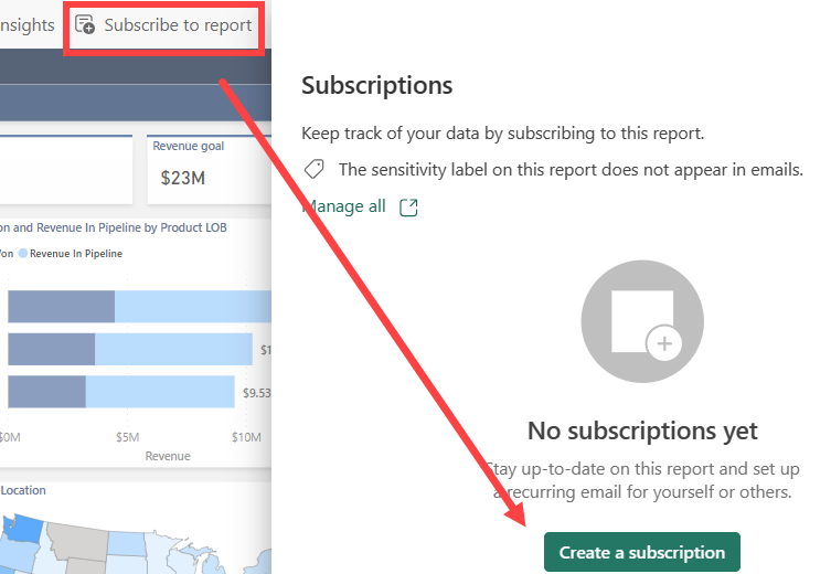 Screenshot of the Power BI service showing the Create subscription window.