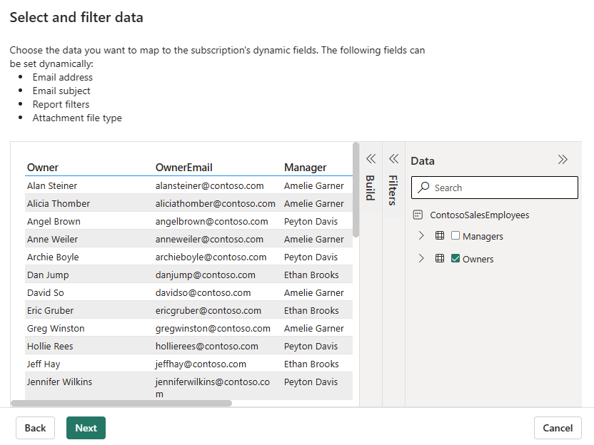 Screenshot of the Power BI service showing the select and filter step of the wizard.