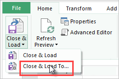 Screenshot of the Home tab in Navigator, showing the Close and Load To selection.