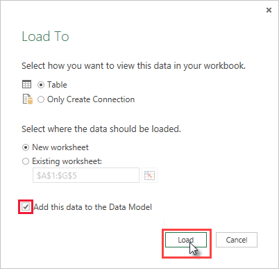 Screenshot of the Load To dialog, showing the Add this data to the Data Model box is checked.