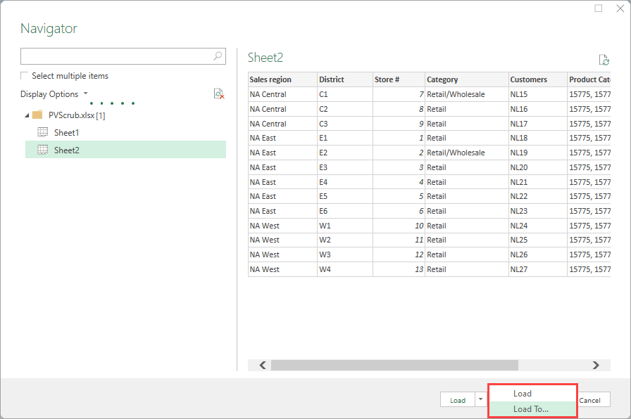Screenshot that shows a file to select and import from the Navigator window.