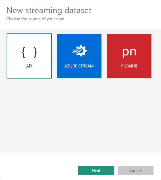 Screenshot of the New streaming semantic model choices, showing API, Azure Stream, and PubNub options.