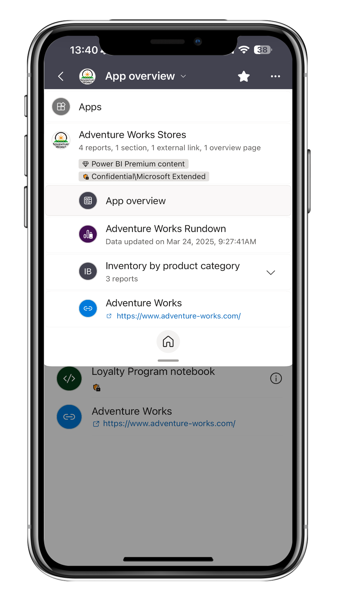 Screenshot of the apps filter inside a workspace in the Power BI mobile apps.