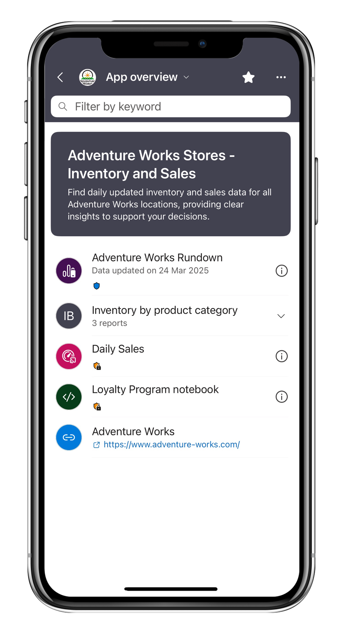 Screenshot of the overview page of an org app in Power BI mobile.