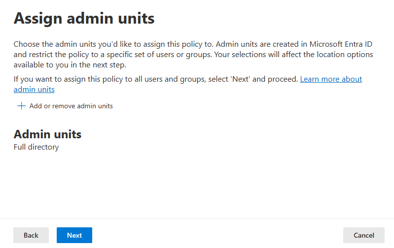 Screenshot of D L P policy admin units section.
