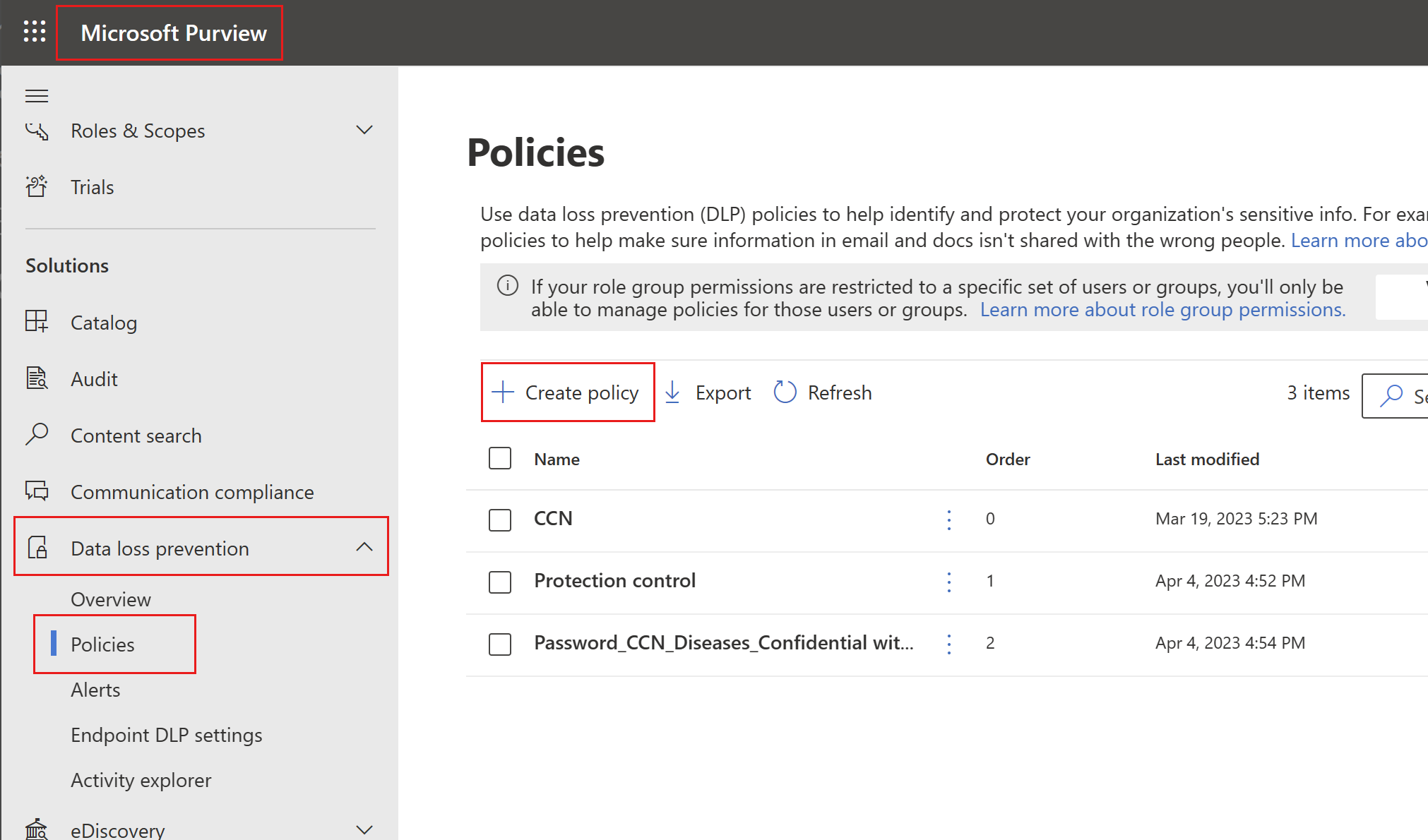 Screenshot of D L P create policy page.