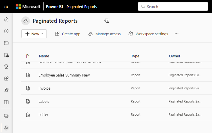 Screenshot showing paginated reports in Power B I service.
