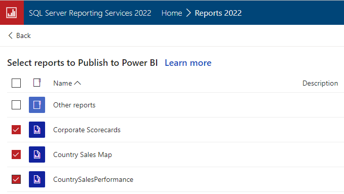 Screenshot showing Select reports to publish to Power BI.