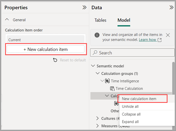 Screenshot of how to create a new calculation item.