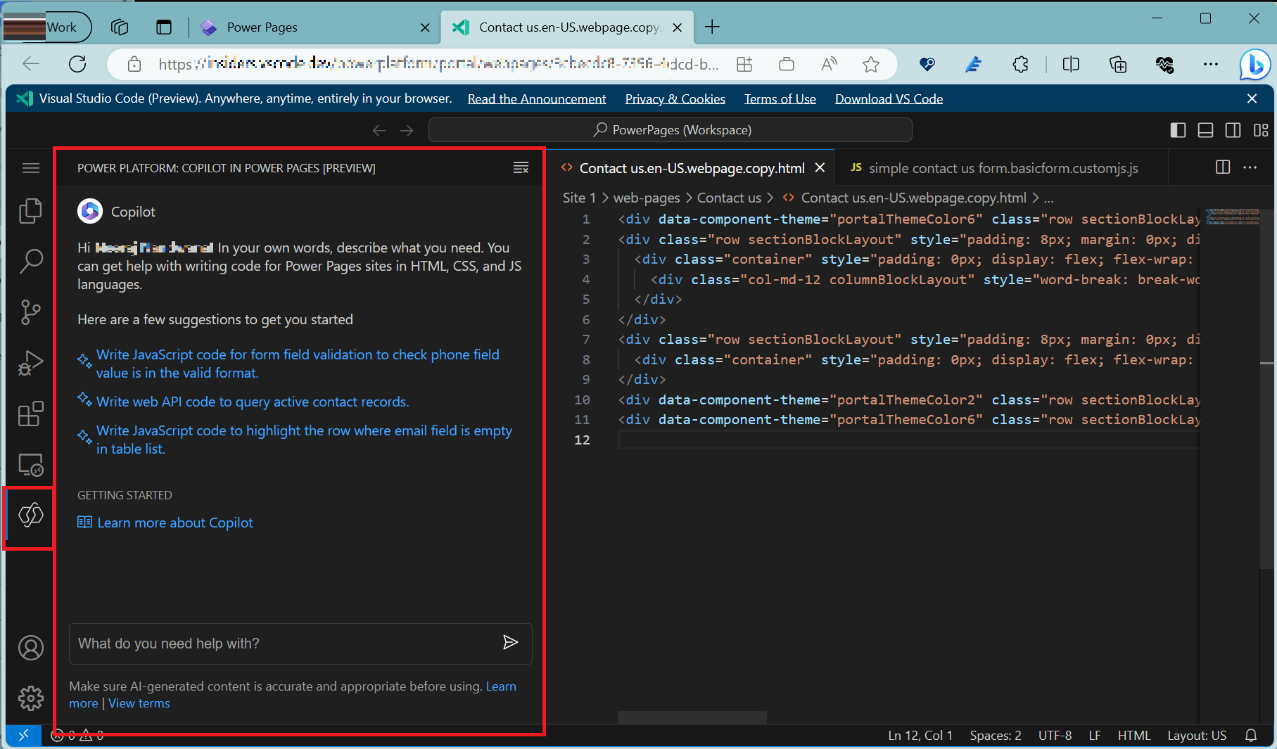 A screenshot of Visual Studio Code for the Web.