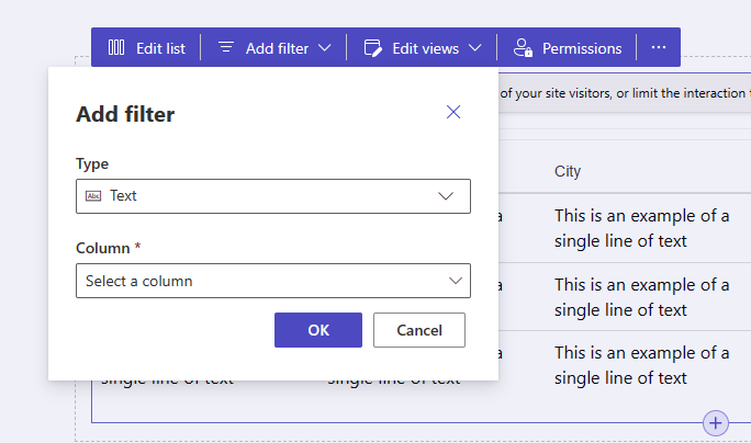 The Add filter pop-up window inside Pages workspace.