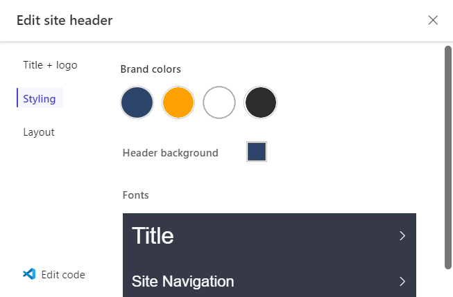 Screenshot of styling options in the header editing window.