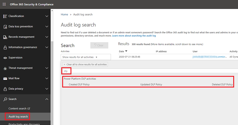 Screenshot showing audit log search DLP policies.
