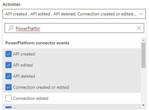 Screenshot of the Power Platform connector events.