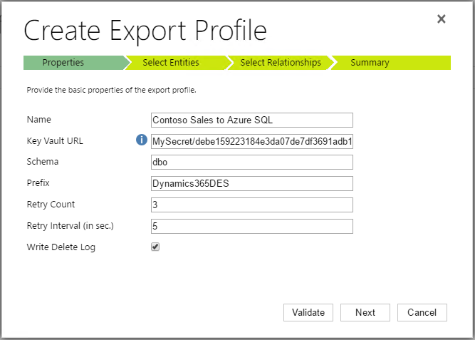 Properties tab in Create Export Profile dialog box Properties tab in Create Export Profile dialog box.