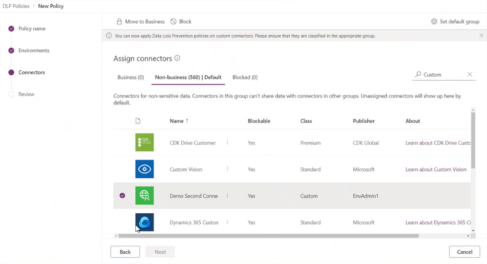Environment admins can see all custom connectors in their environments, alongside prebuilt connectors, on the **Connectors** page in data policies.
