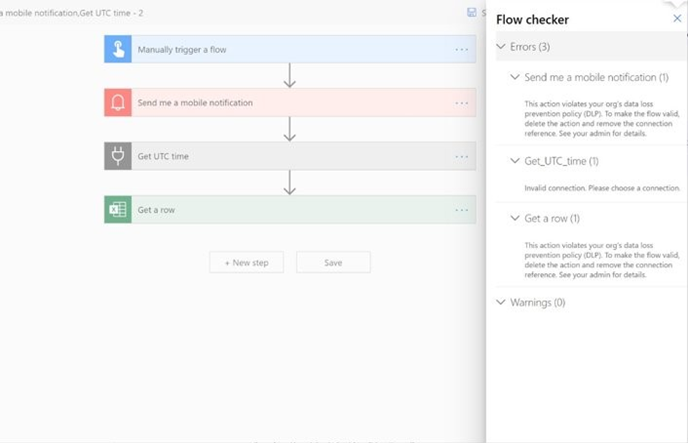 Flow error Flow checker panel showing errors.