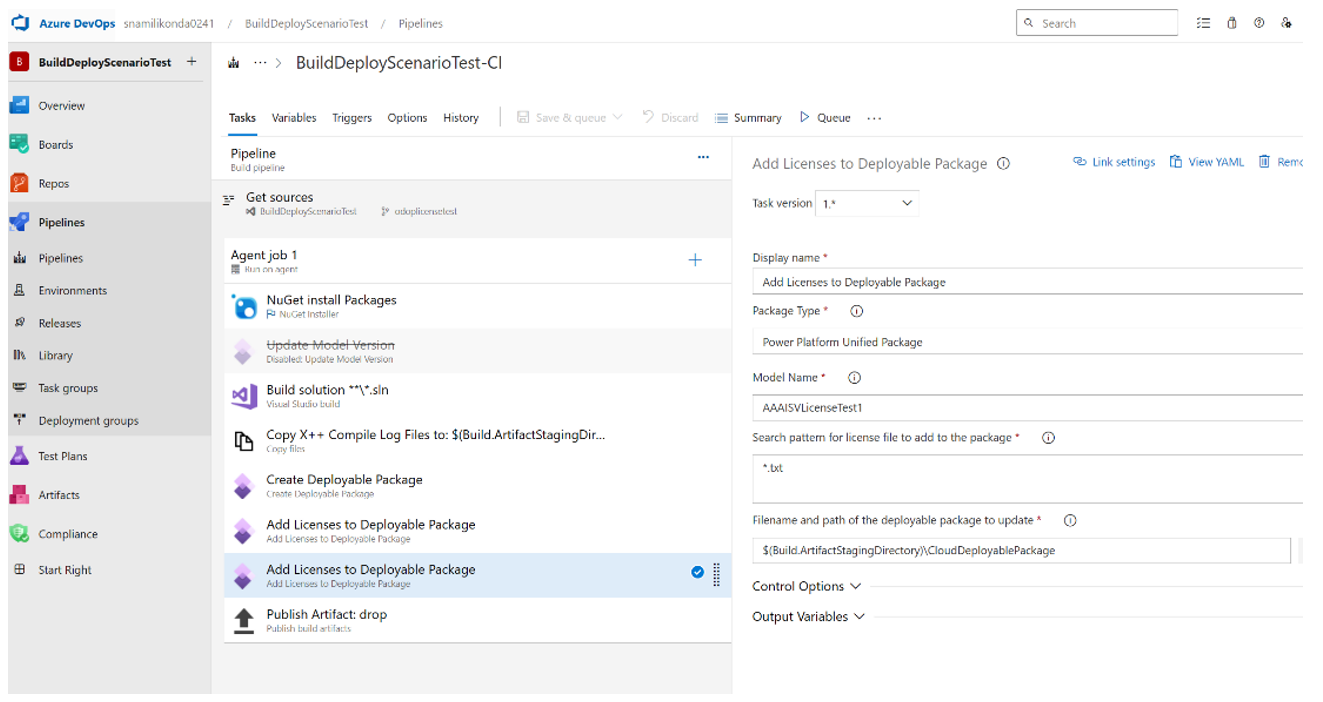 Image of Add Licenses to Deployable Package in Azure DevOps.