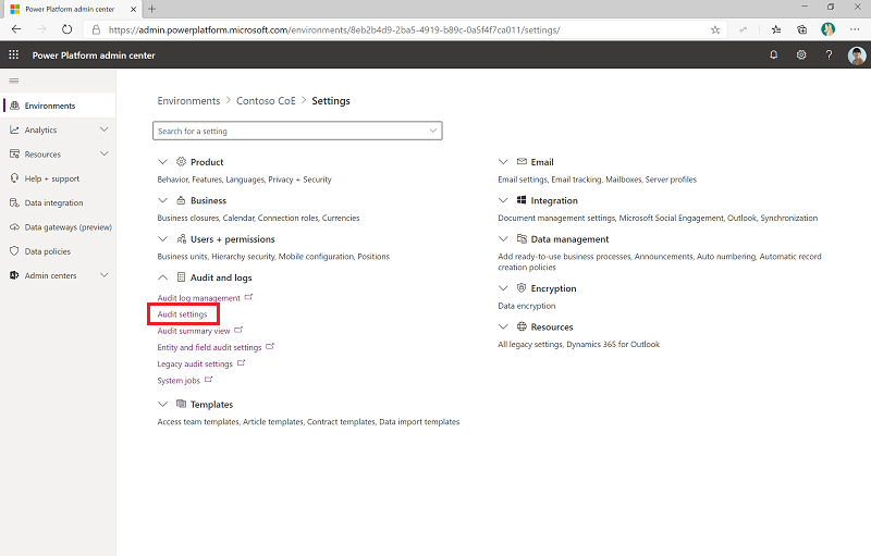 Enable auditing in the Power Platform admin center.