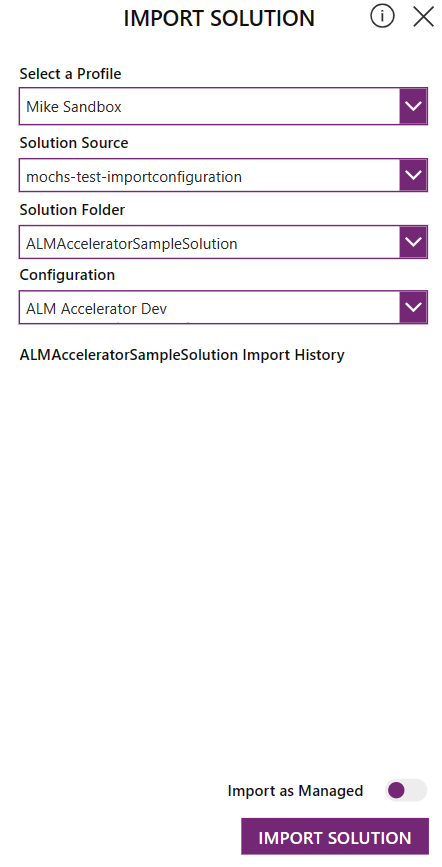 Screenshot of the Import Configuration page in the ALM Accelerator app.