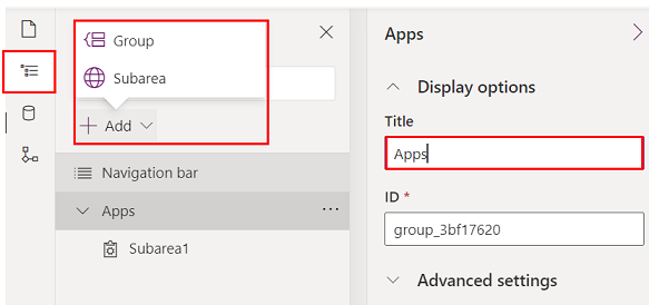 Configure the app navigation (site map) to show the elements in your app's menu by defining groups and subareas.
