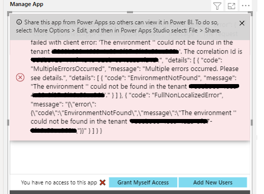 Select Admin - Access this flow to embed this app into Power BI - Error 1.