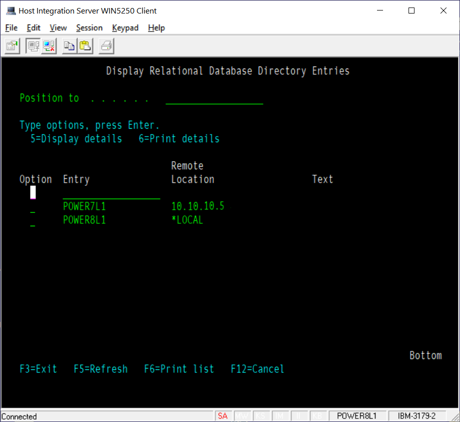 Image showing the output of the Display Relational Database Directory Entries
