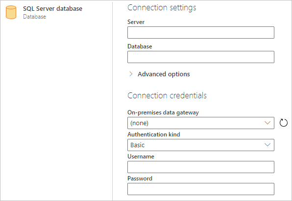 SQL Server database connection builder in Power Query Online.