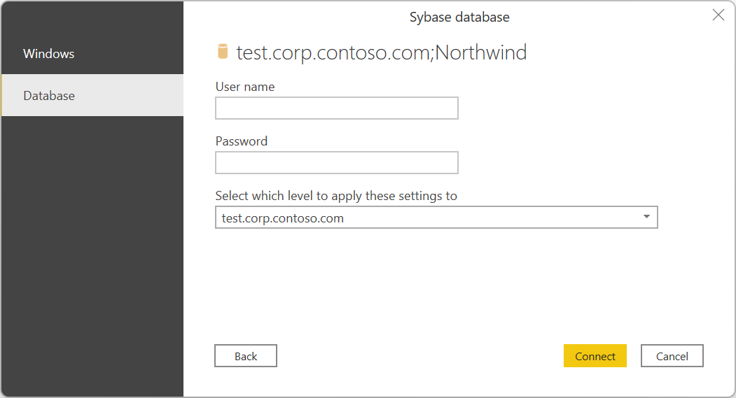 Enter your Sybase database credentials.