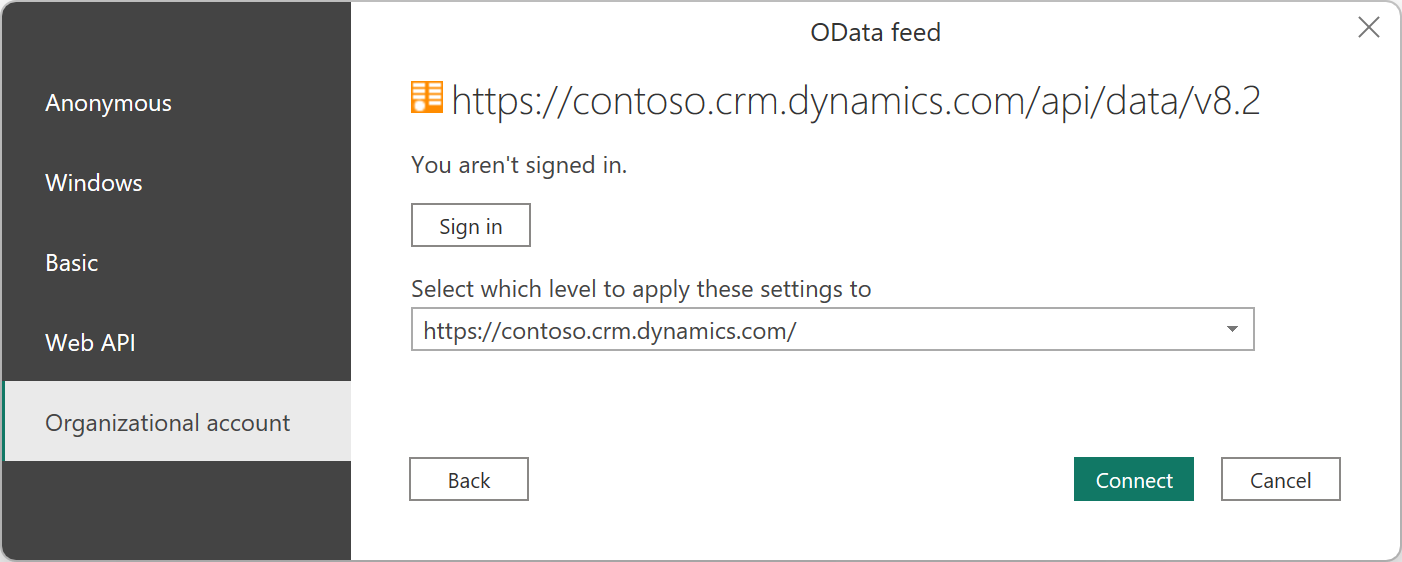 Screenshot of the authentication dialog with the organizational account selected and ready to sign in.