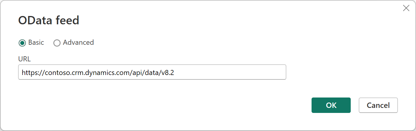 Screenshot of the OData feed get data experience with the CRM address entered in the URL.