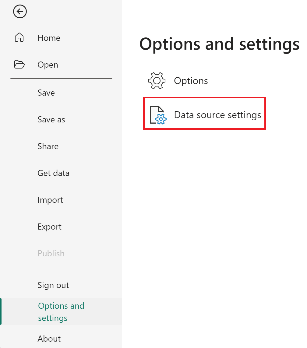 Screenshot of the Power BI Desktop File tab pane, with Options and settings and Data source settings emphasized.