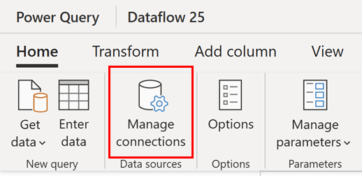 Screenshot of the Manage connections button in the Data sources group of the Power Query ribbon Home tab.