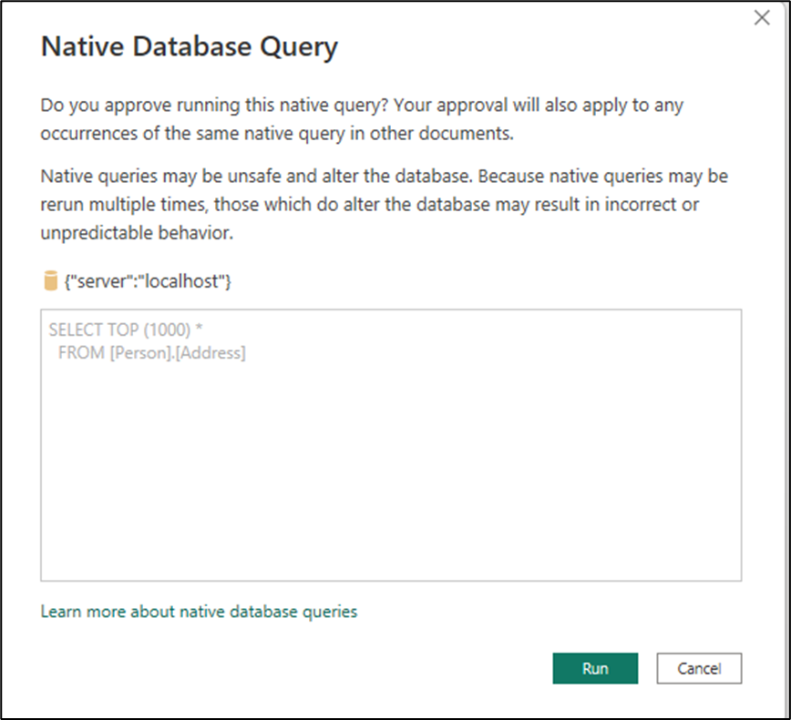 Screenshot showing how to approve a native database query dialog.