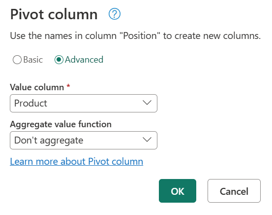 Pivot column dialog box with Aggregate value function set to Don't aggregate.