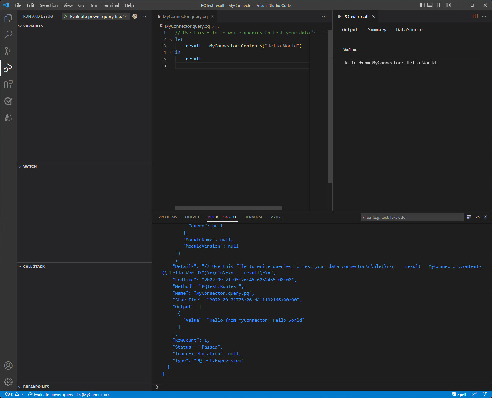 Visual Studio Code window after evaluation has finalized showing the output in the console and the result panel.