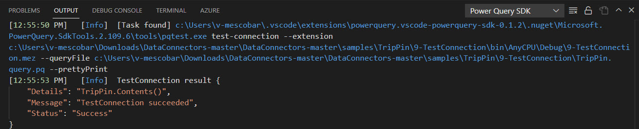 Result of the Run TestConnection function in the Power Query SDK.