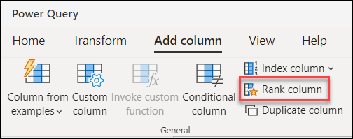 Rank column entry point in the Power Query ribbon inside the Add column tab.