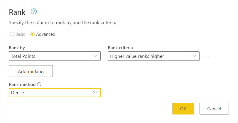 Advanced section of the rank dialog where the Total Points field is being used with the Higher value ranks higher rank criteria and the rank method being selected is Dense.