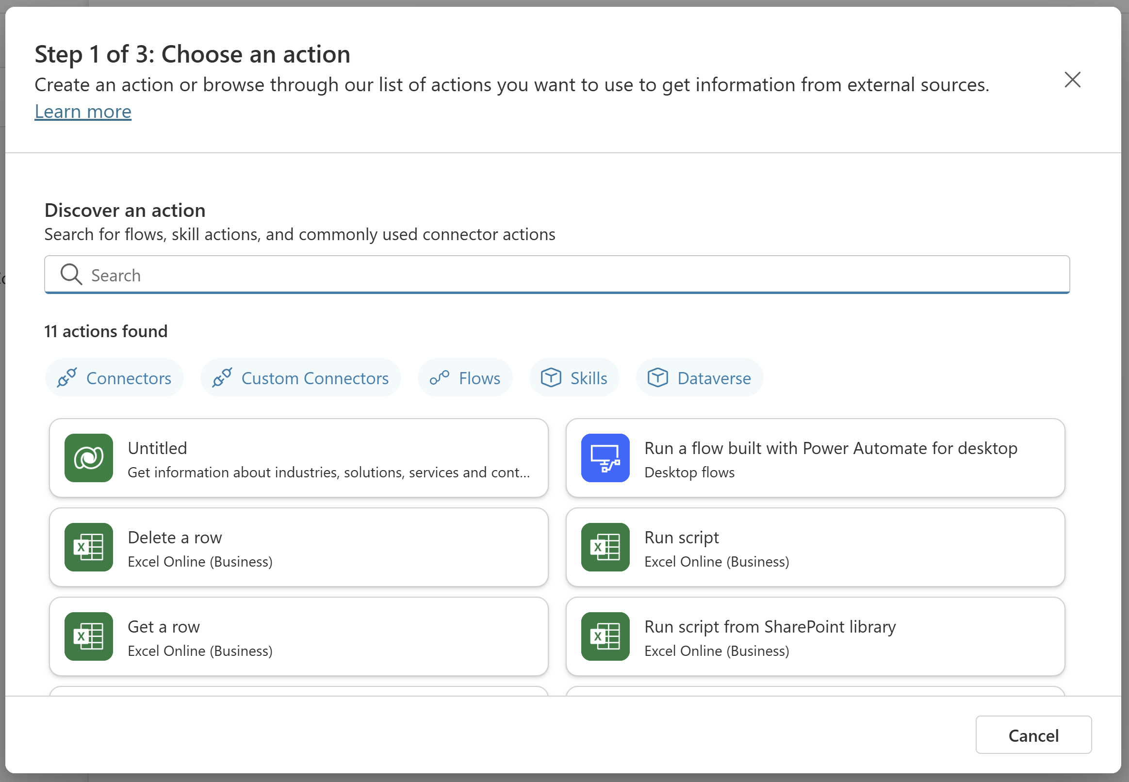 Screenshot of the first page in the plugin action wizard with the action type filter open.